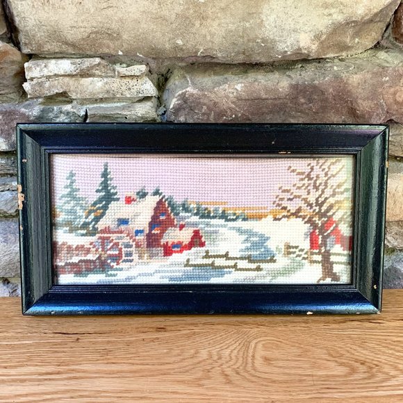 VTG Needlepoint Grist Mill Snow Water Wheel Winter Landscape Stitchery Barn - Picture 2 of 8